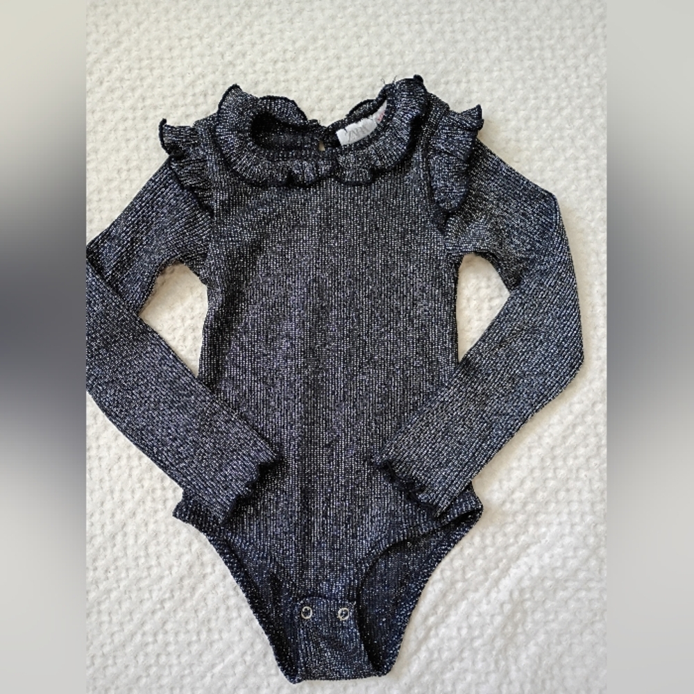 Zara Girls Metallic Knit Ruffle One-Piece Bodysuit - Black